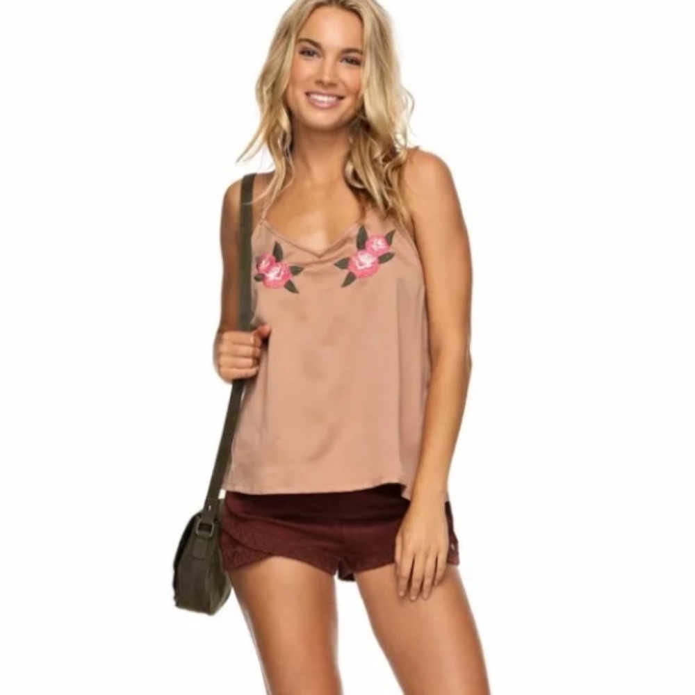 Roxy Waves of Valley Pink Sateen Floral Embroidered Racerback Tank Top Sz M NWT